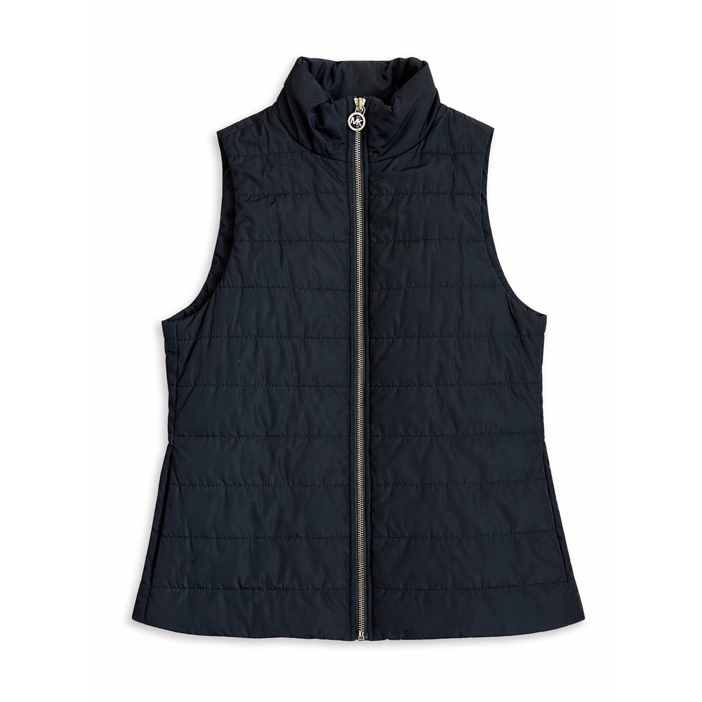 Michael Michael Kors Womens Black Quilted Puffer Vest Gold MK Logo Zip XS